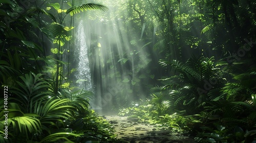 Lush green forest path dappled with sunlight  leading to a hidden waterfall