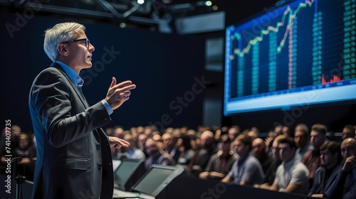 A stock market expert delivering a keynote speech at a financial conference, sharing valuable insights and predictions on market trends. © LOVE ALLAH LOVE