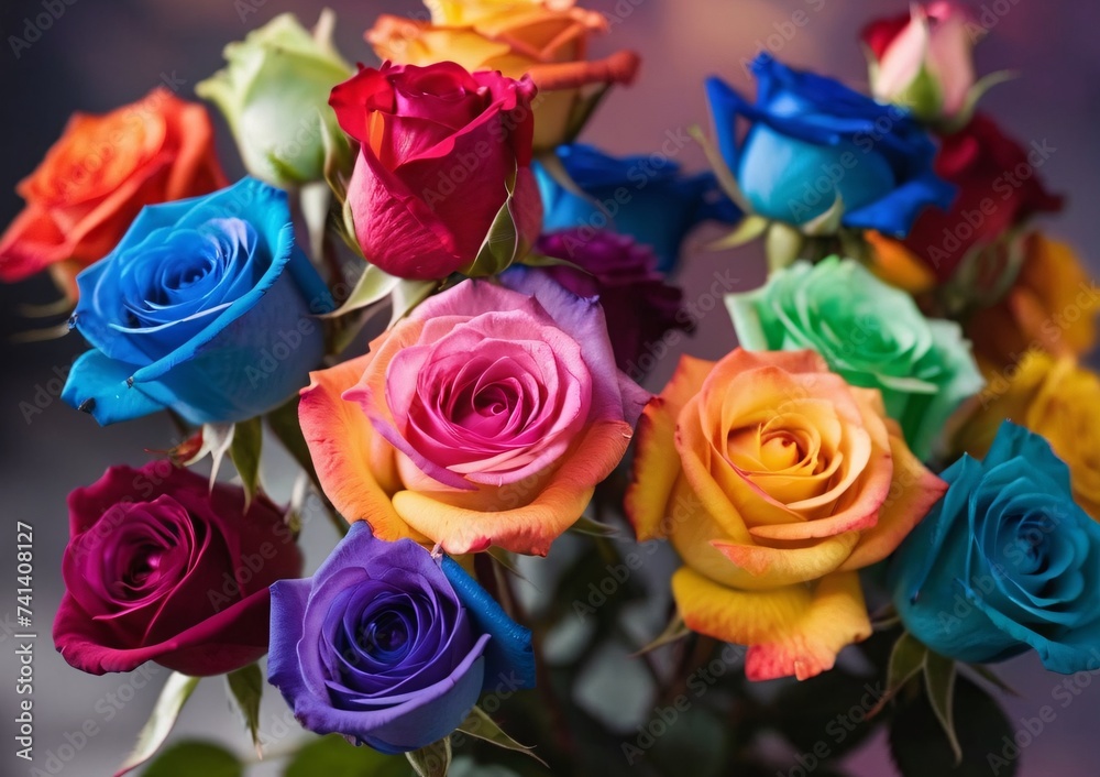 Beautifully arranged colorful bouquet of rainbow roses on blurred background. Beautifully arranged colorful bouquet of rainbow roses on blurred background.