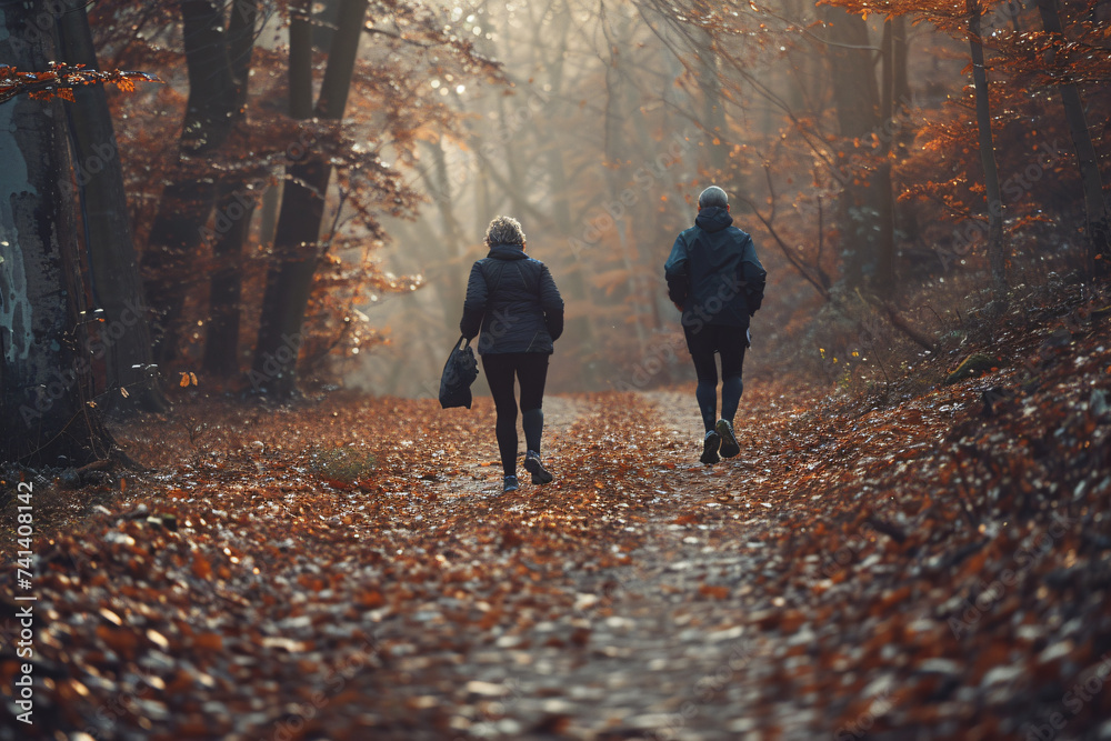 senior couple jogging in forest senior couple jogging in forest