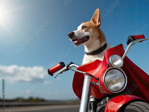superhero dog, cute dog in a red cape and riding a motorbike on a blue background with copy space. © Nhs18