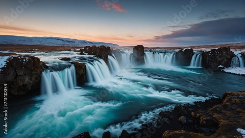 Godafoss waterfall in Iceland during the winter season. Long exposure