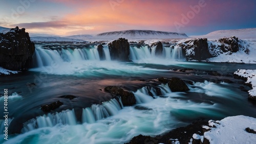 Godafoss waterfall in Iceland during the winter season. Long exposure