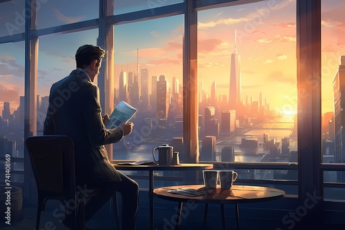 A trader reviewing data on a tablet while sipping coffee, with a panoramic cityscape visible through the window in the background.