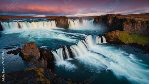 Godafoss waterfall in Iceland during the winter season. Long exposure