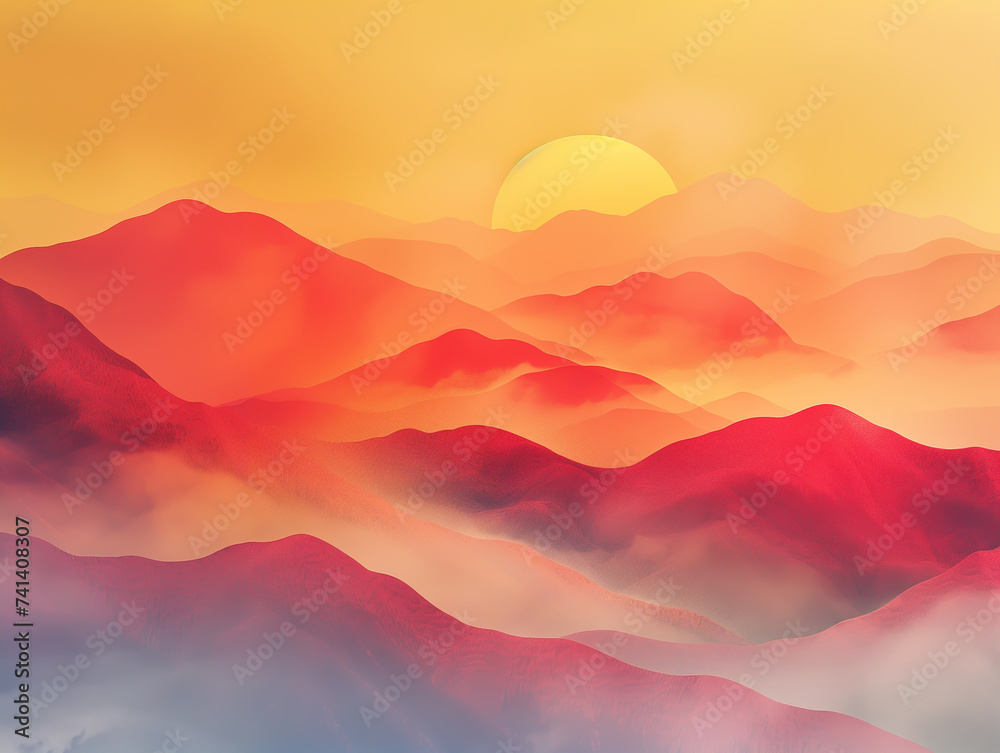 Abstract orange  landscape with sunrise / sunset over mountains in watercolor wallpaper, monochrome minimalistic illustration japanese style	
