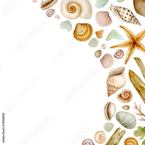 A border of shells and other marine finds painted in watercolor. For your projects