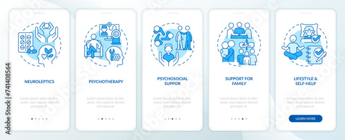 Schizophrenia treatment blue onboarding mobile app screen. Walkthrough 5 steps editable graphic instructions with linear concepts. UI, UX, GUI template. Myriad Pro-Bold, Regular fonts used