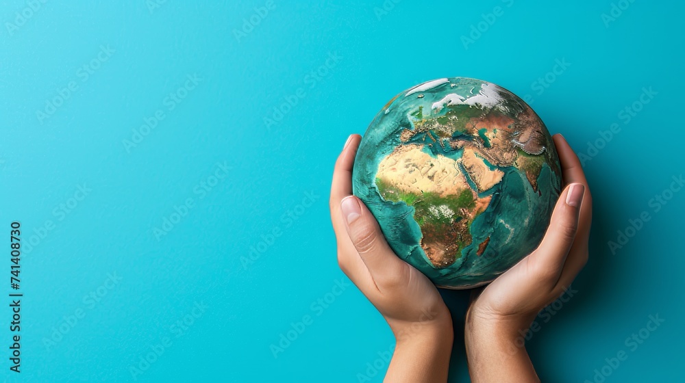 Caring hands cradle earth, symbolizing responsibility and care on blue background with copy space.