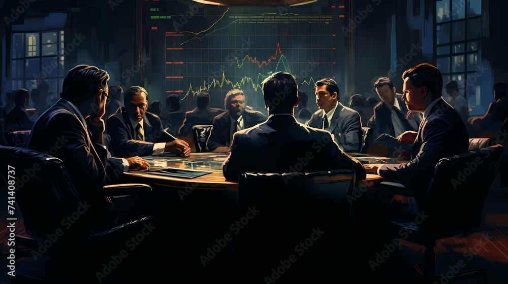 A team of financial analysts gathered around a conference table, engaged in a lively discussion about stock market trends and investment strategies.