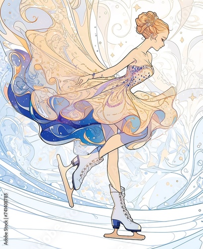 A young girl wearing a sparkling dress gliding on the ice in white figure skates