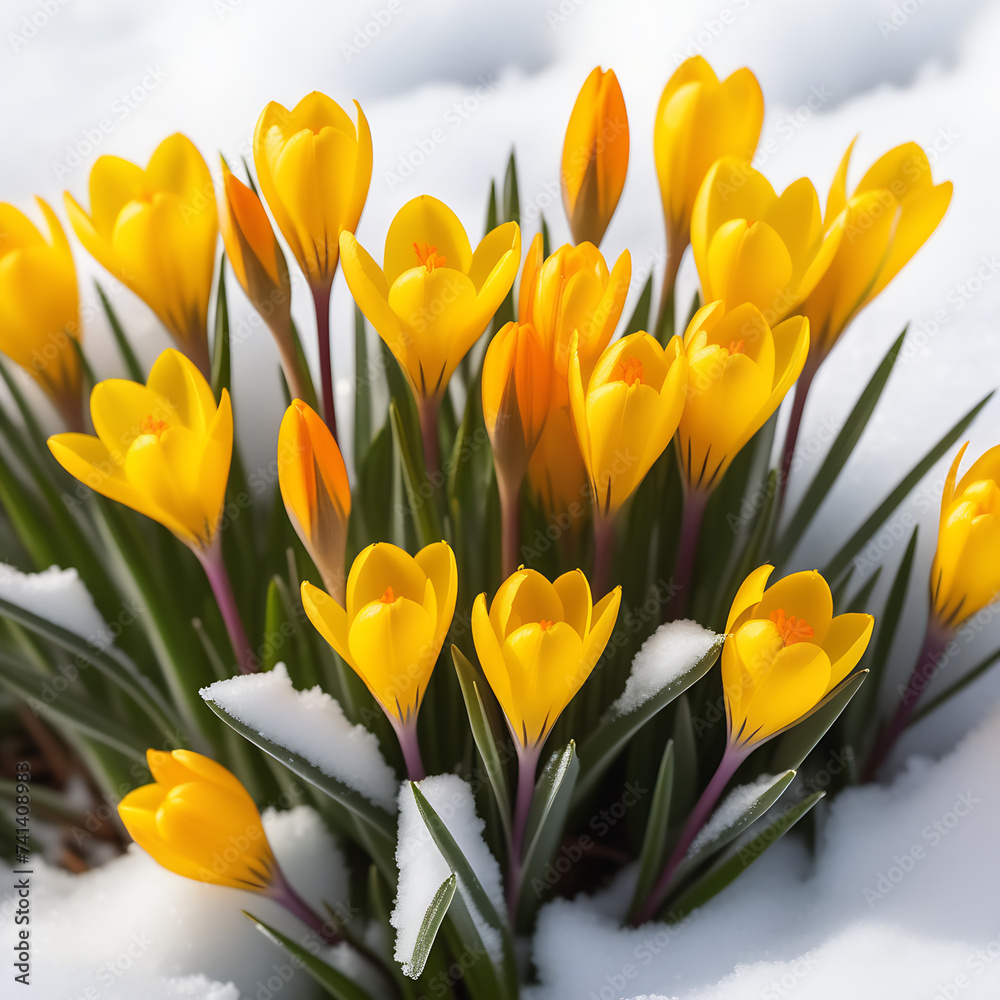 Naklejka premium Crocuses and snowdrops on a background of snow