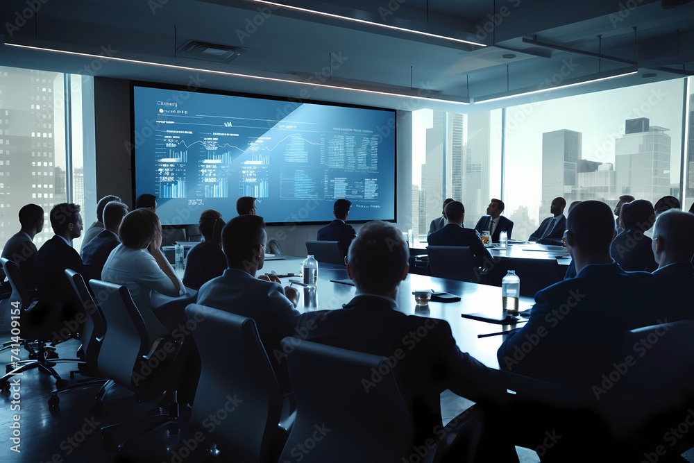 A conference room filled with executives in formal attire, attentively listening to a presentation on a large screen, while taking notes on tablets.