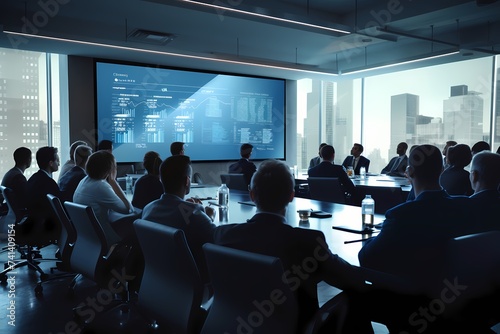 A conference room filled with executives in formal attire, attentively listening to a presentation on a large screen, while taking notes on tablets.