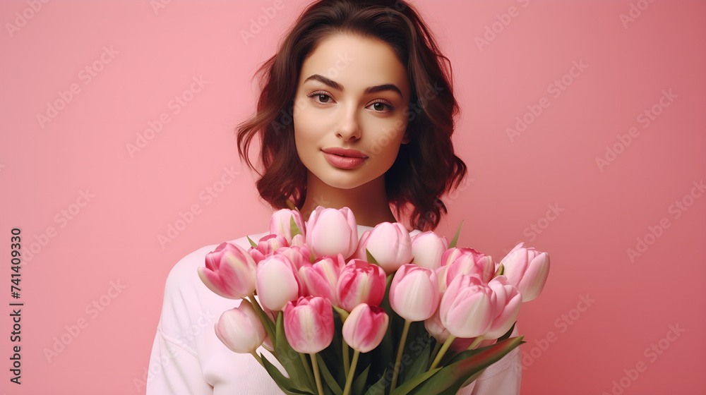 Portrait of a cute brunette with a bouquet of tulips on an isolated pink background. The concept of celebrating women's day, mother's day, birthday