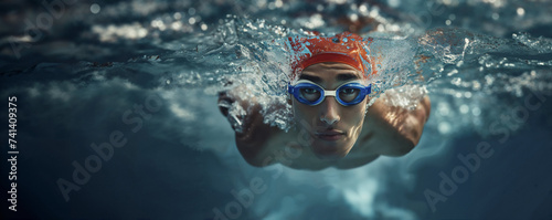 Focused swimmer in action, training in pool with goggles, professional sport concept