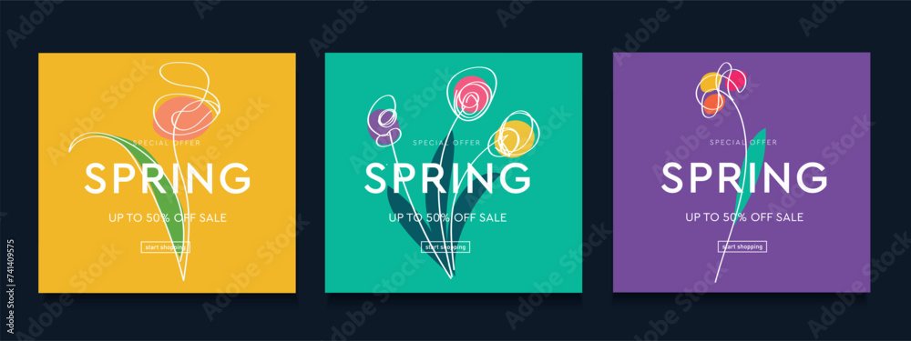 Spring Flower for Mother's day with Lines Continuous. Modern Abstract Background Patterns for Advertising, Web, Social Media, Poster, Banner, Cover. Season Discount Offer 50%. Vector Illustration