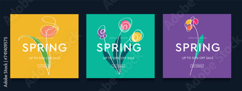 Spring Flower for Mother's day with Lines Continuous. Modern Abstract Background Patterns for Advertising, Web, Social Media, Poster, Banner, Cover. Season Discount Offer 50%. Vector Illustration