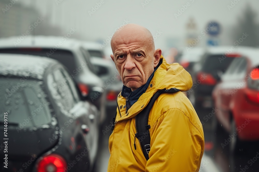 bald man distressed and upset with winter rain bald man distressed and upset with winter rain