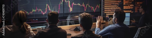 A plummeting stock chart depicted on a high-definition monitor amid a focused group of traders. photo