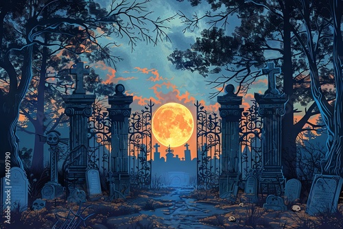 Cemetery Gates Under Full Moon: Haunting Halloween Scene