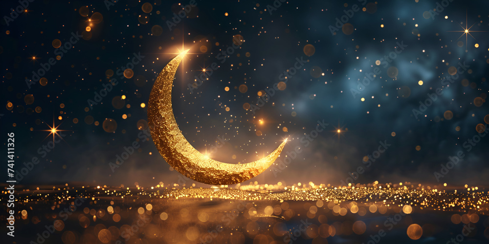 Ramadan crescent moon Eid Mubarak Islamic festival golden britnes moon banner stars and glowing clouds nice color realistic blue background - obrazy, fototapety, plakaty 