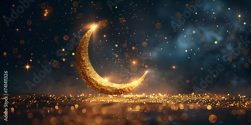 Ramadan crescent moon Eid Mubarak Islamic festival golden britnes moon banner stars and glowing clouds nice color realistic blue background