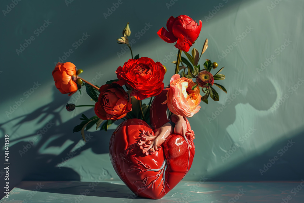 red vase in the shape of an anatomical heart with a bouquet of flowers - obrazy, fototapety, plakaty 