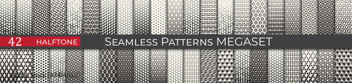Set of vector haltone patterns. Trendy 70s decoration patterns. Black and white product texture megaset.