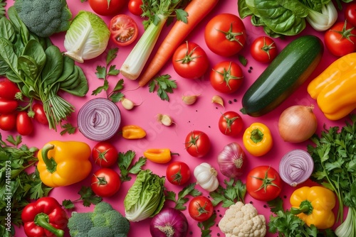 Assorted fresh vegetables and fruits on a pink background top view with copy space