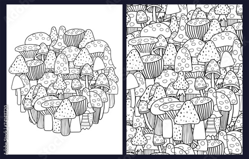 Doodle mushrooms coloring pages set. Fantasy forest background for coloring book  in US Letter format.  Black and white prints collection with whimsical fairy mushrooms. Vector illustration