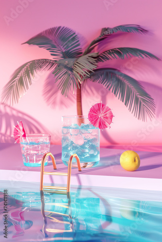 3d rendering  beach background. stylish pink swimming pool with palm tree and cocktail. 