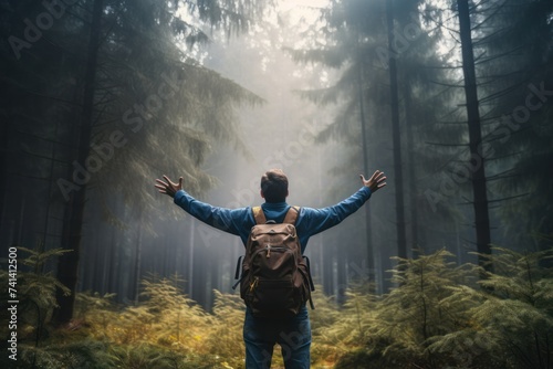 Young male tourist with a large backpack in the forest with his arms outstretched