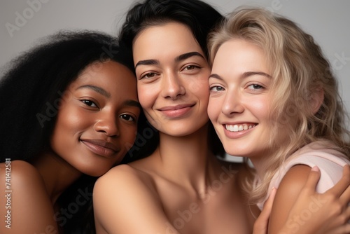 diverse, beautiful young women. on a plain background. darkskinned, white.
