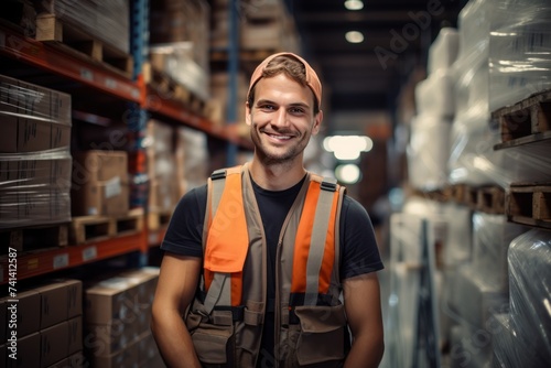 a male warehouse worker in a vest and cap stands against the background of a warehouse