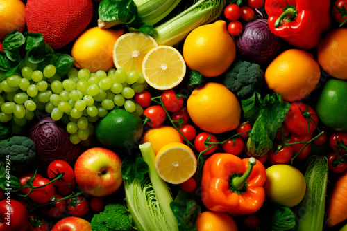 background of vegetables and fruits. healthy eating concept, vegetarianism © Elena
