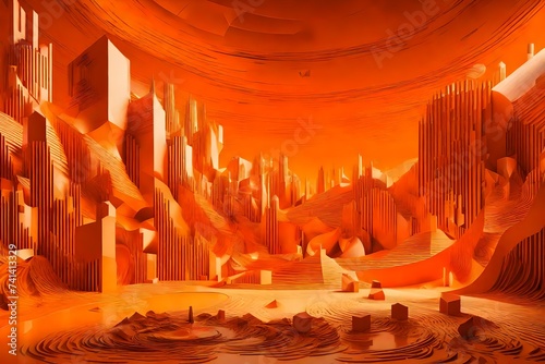 Abstract painting of objects in an orange abstract space