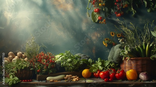 Scroll amidst fresh produce, a still life with herbs and vegetables