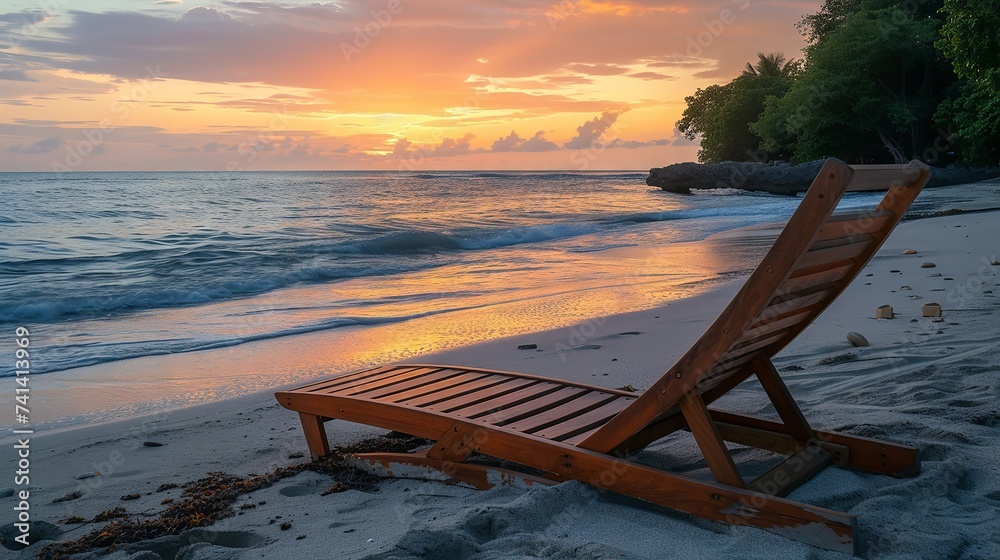 Rustic wooden lounger on a tranquil beachfront, dusk light softening the horizon line over gentle waves