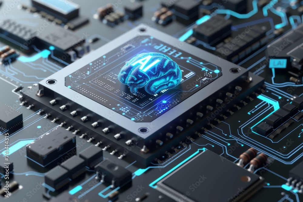 AI Brain Chip axon degeneration disorders. Artificial Intelligence substrate mind tomorrow economy axon. Semiconductor iaas circuit board mental representation - obrazy, fototapety, plakaty 