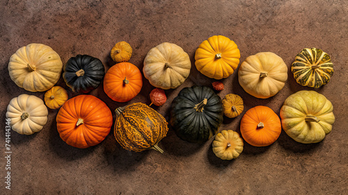 A group of pumpkins with dried autumn leaves and twig, on a gravel surface