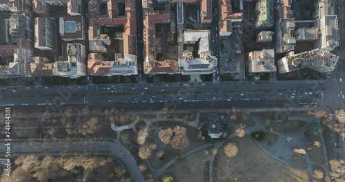 Aerial view of residential building blocks along the road following the Valentino Public Park, Turin, Piedmont, Italy.