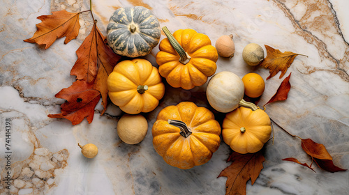 A group of pumpkins with dried autumn leaves and twig, on a marble surface