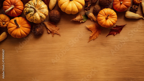 A group of pumpkins with dried autumn leaves and twig, on a sand surface