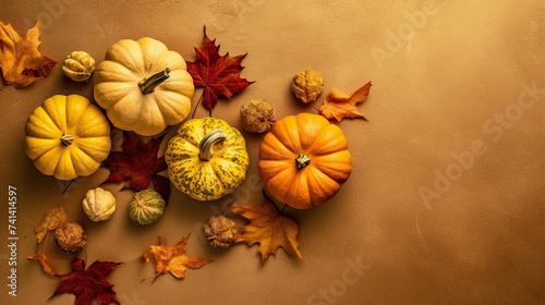A group of pumpkins with dried autumn leaves and twig, on a sand surface