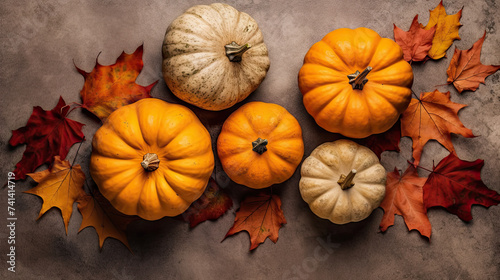 A group of pumpkins with dried autumn leaves and twig, on a stone surface