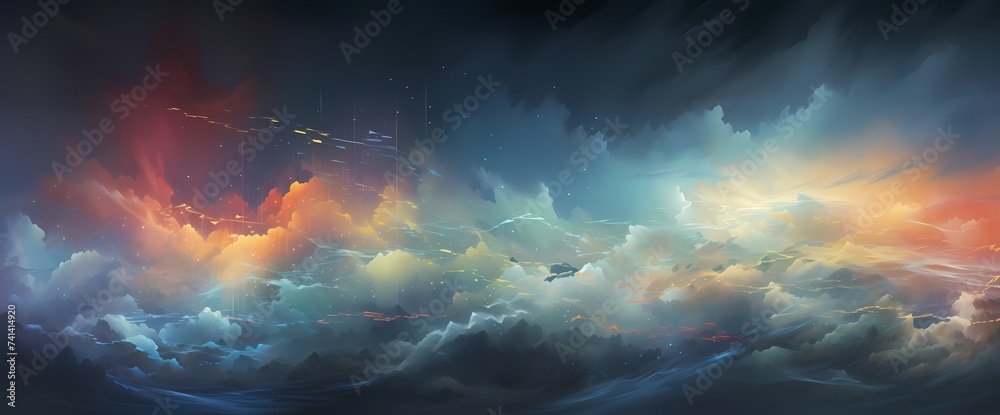 A dynamic visualization of stock fluctuations against a backdrop of swirling clouds, symbolizing market volatility.