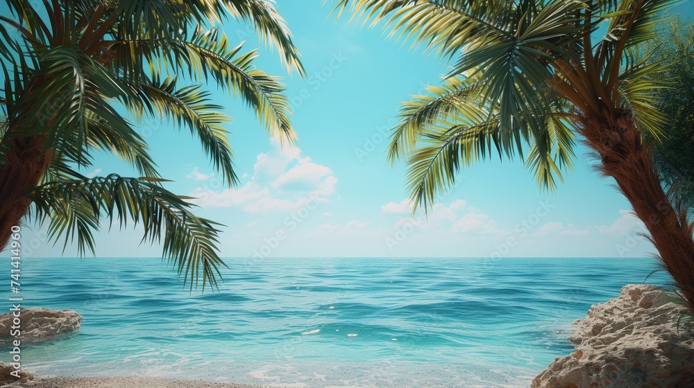 Serene seaside ambiance with clear skies and palm fronds