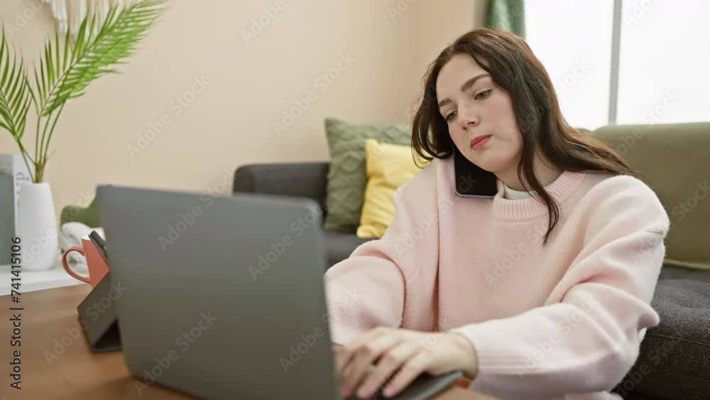 A focused young woman multitasking with a phone and laptop in a cozy living room A focused young woman multitasking with a phone and laptop in a cozy living room
