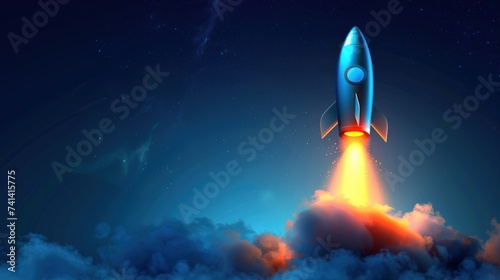 rocket rising up on blue background for copy space